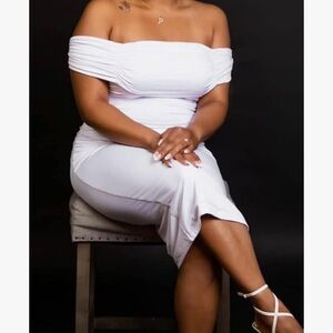 Ruched Off Shoulder Short Sleeve Bodycon Midi Summer Graduation Dress Sz S‎